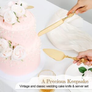 TUKDAK Cake Cutting Set for Wedding, Personalized Gold Cake Knife and Server Set, Custom Cake Serving Set, Engraved Pastry Pie Server Cake Pizza Cutter, Birthday Bridal Gift (F-Rose)