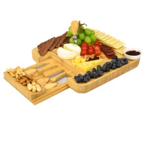 bamboo cheese board and knife set, cheese board charcuterie set, cheese board accessories included, house warming gifts, new home meat & cheese tray platter