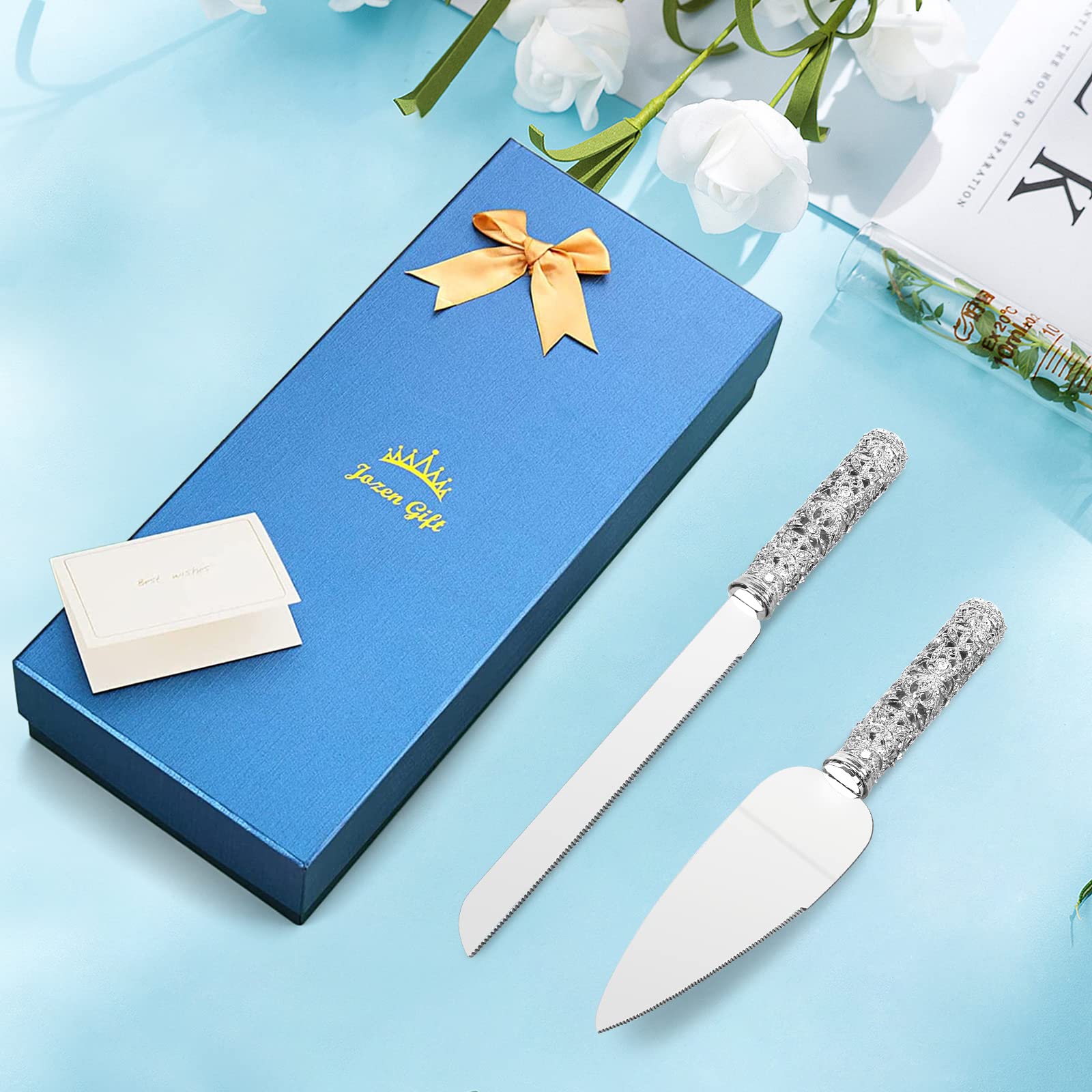 Jozen Gift Wedding Cake Knife and Server Set - 2 Piece Dessert Set Metal Handle with Crystal Stones Decoration for Wedding, Anniversary Party Birthday Banquets and Gifts for Bride and Groom