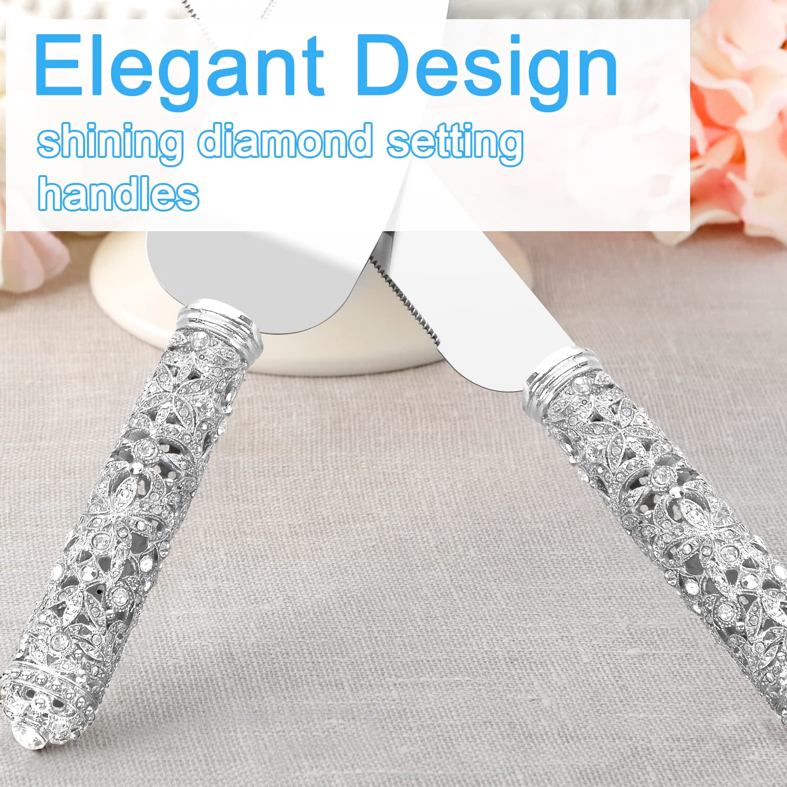 Jozen Gift Wedding Cake Knife and Server Set - 2 Piece Dessert Set Metal Handle with Crystal Stones Decoration for Wedding, Anniversary Party Birthday Banquets and Gifts for Bride and Groom