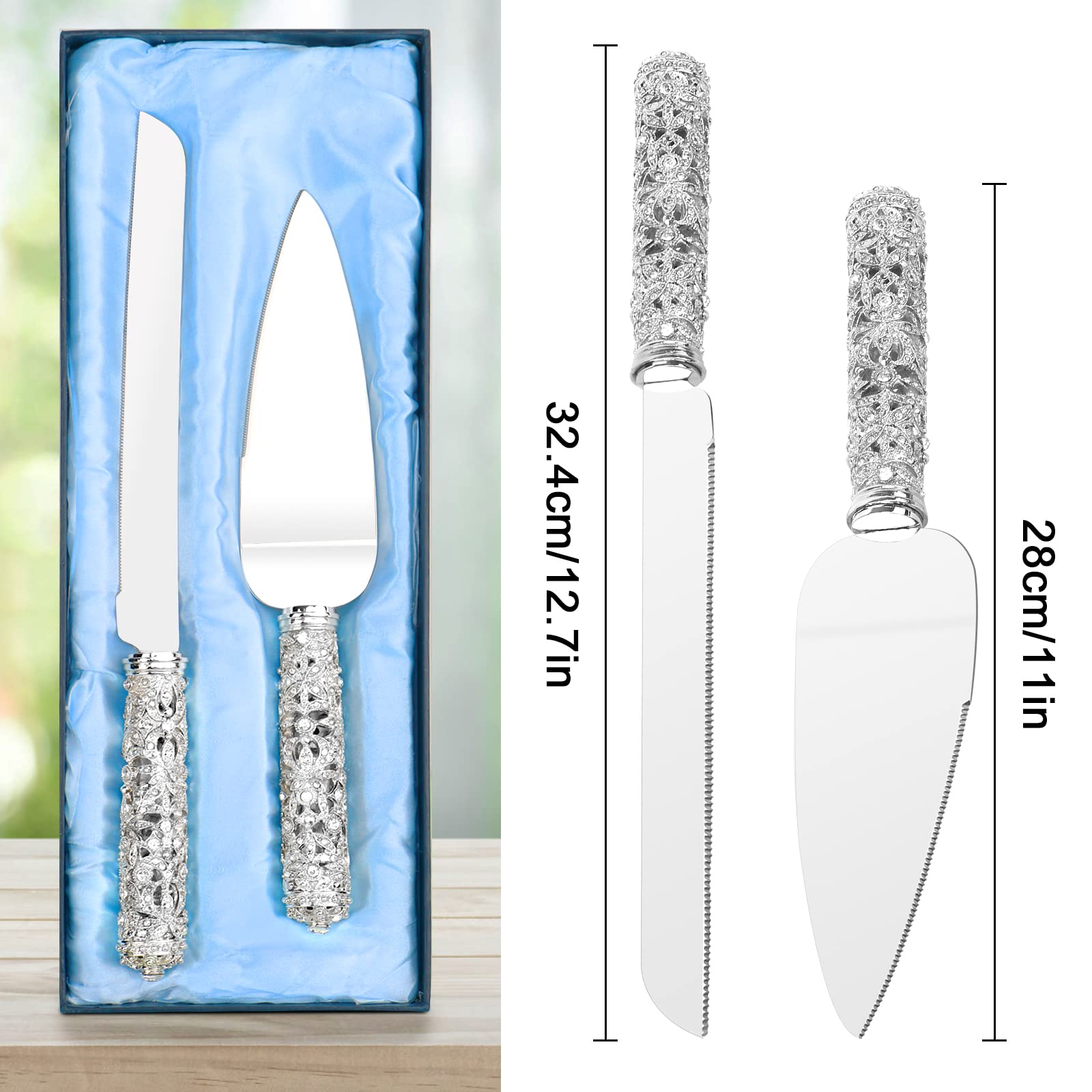 Jozen Gift Wedding Cake Knife and Server Set - 2 Piece Dessert Set Metal Handle with Crystal Stones Decoration for Wedding, Anniversary Party Birthday Banquets and Gifts for Bride and Groom