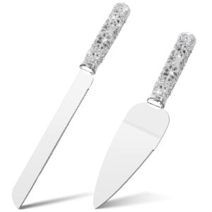 Jozen Gift Wedding Cake Knife and Server Set - 2 Piece Dessert Set Metal Handle with Crystal Stones Decoration for Wedding, Anniversary Party Birthday Banquets and Gifts for Bride and Groom