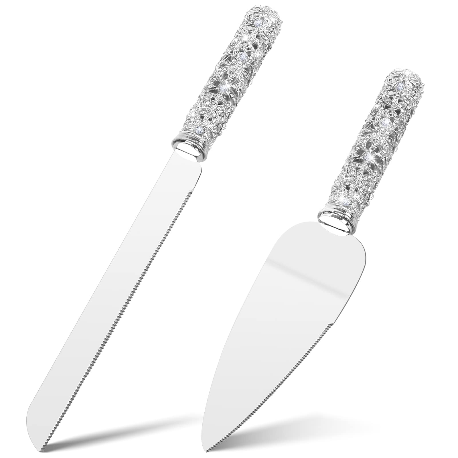 Jozen Gift Wedding Cake Knife and Server Set - 2 Piece Dessert Set Metal Handle with Crystal Stones Decoration for Wedding, Anniversary Party Birthday Banquets and Gifts for Bride and Groom