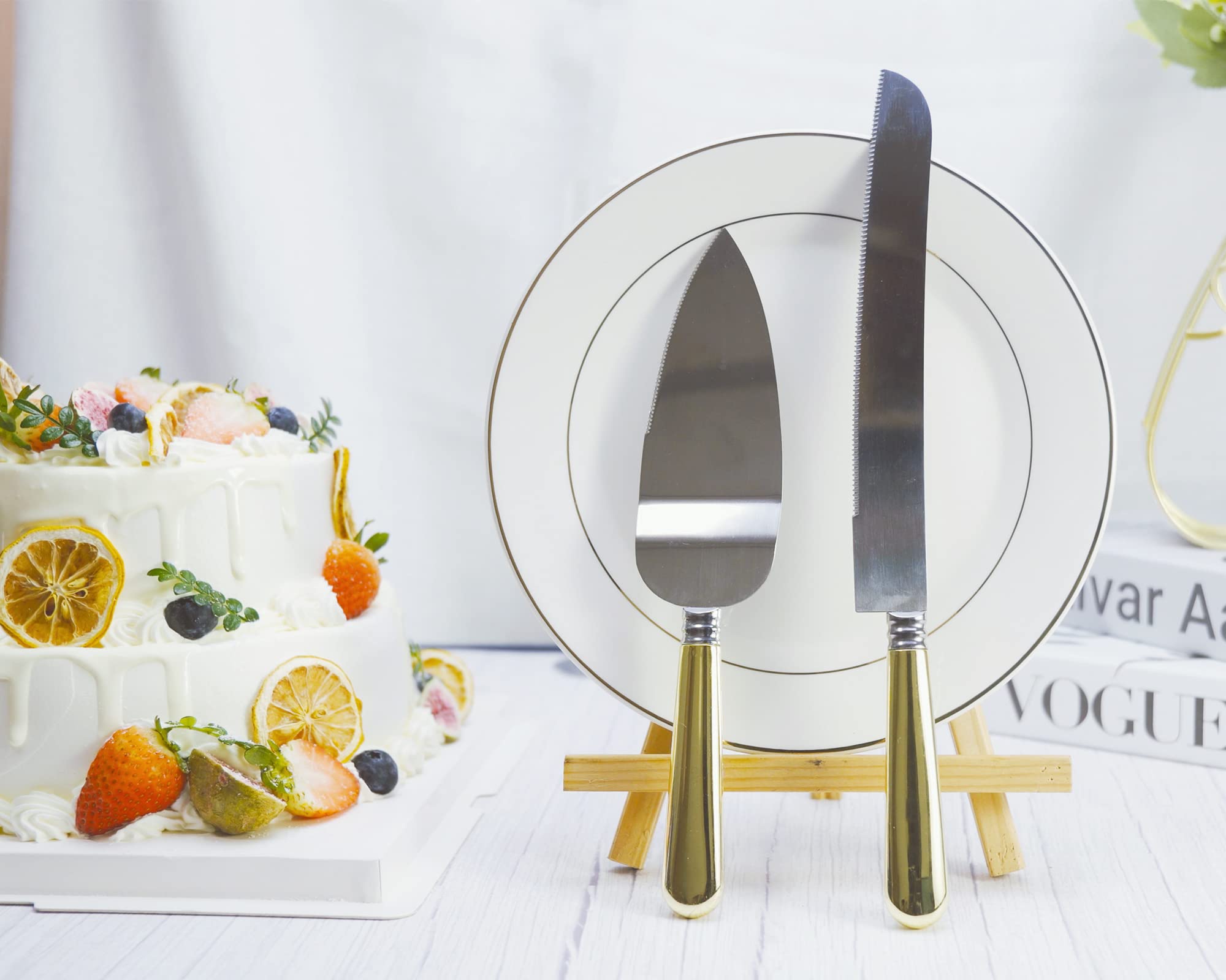 VARLKA Wedding Cake Knife and Server Set, Cake Cutting Set for Wedding, Personalized Stainless Steel Blade and ABS Gold Plated Handle Cake Cutter & Pie Server Set for Birthdays, Anniversary, Parties