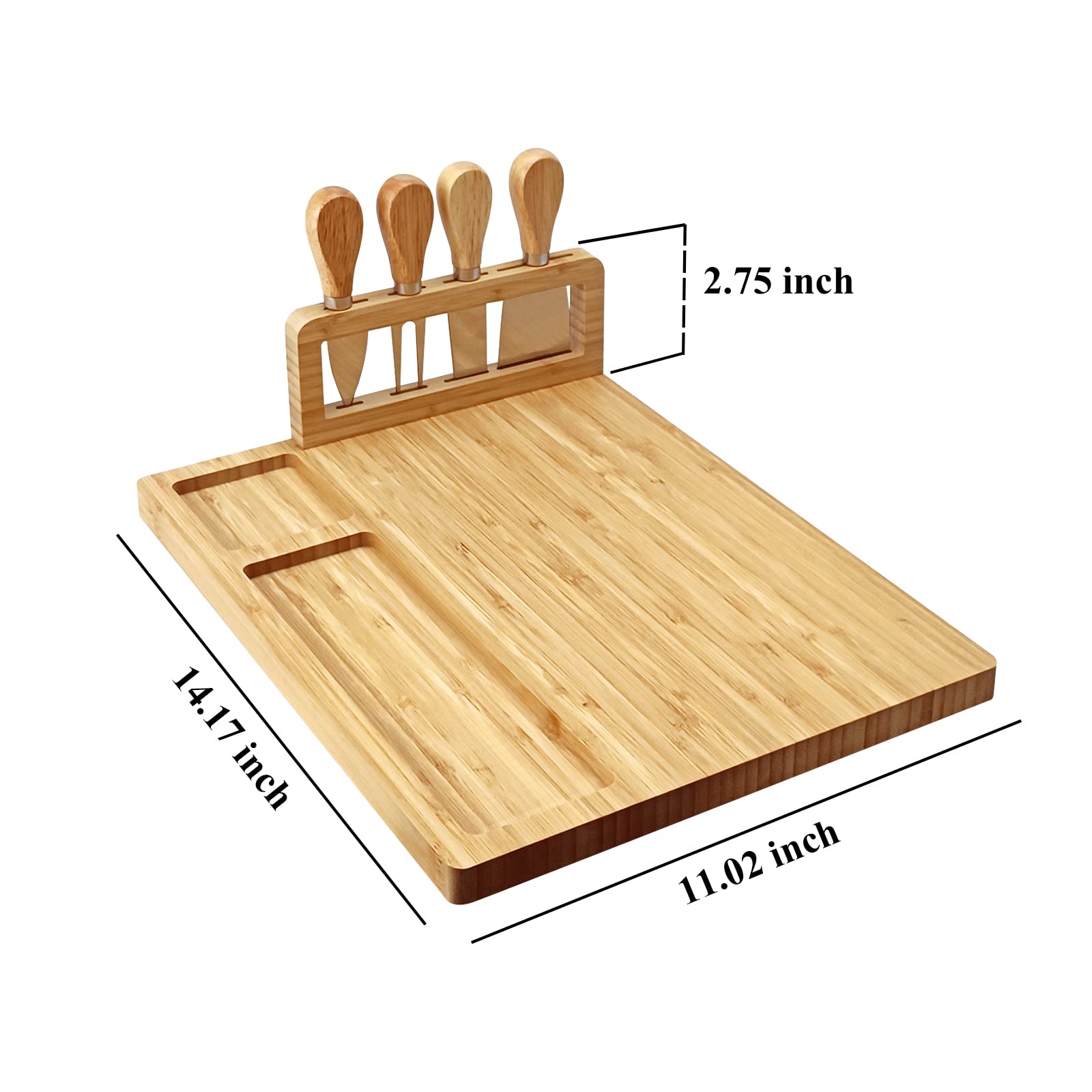 Bamboo Cheese Board and Knife Set, 14” x 11”Cheese Tray Platter Servers with Magnetic Knife Holder Charcuterie Boards Gift Set for Wedding,Christmas and Housewarming Gift