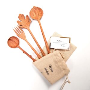 bvichair 4 wooden spoons and forks set, set wooden salad spoons, real housewives gifts, kitchen gifts for women, handmade gifts for mother's day, cute kitchen accessories, unique kitchen gifts