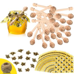 50 pieces 3 inch wooden honey dipper sticks set honey dipper sticks 50 pieces honeybee charm pendants 50 pieces decorative bee wrapping paper with 30 meters jute hanging rope for honey jar diy crafts