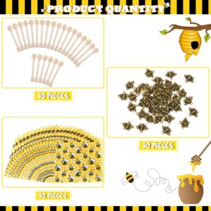 50 Pieces 3 Inch Wooden Honey Dipper Sticks Set Honey Dipper Sticks 50 pieces Honeybee Charm Pendants 50 pieces Decorative Bee Wrapping Paper with 30 Meters Jute Hanging Rope for Honey Jar DIY Crafts