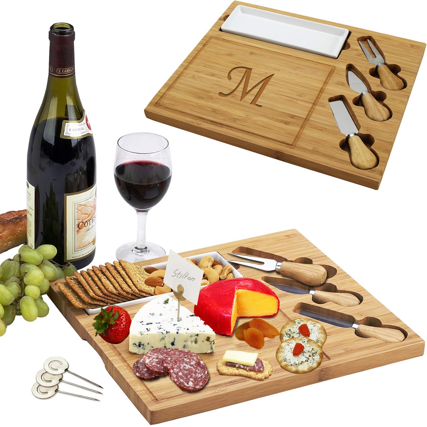 Picnic at Ascot Personalized Monogrammed Engraved Bamboo Cutting Board for Cheese & Charcuterie Platter- includes Knives, Ceramic Dish, & Cheese Markers - Designed and Quality Checked in USA