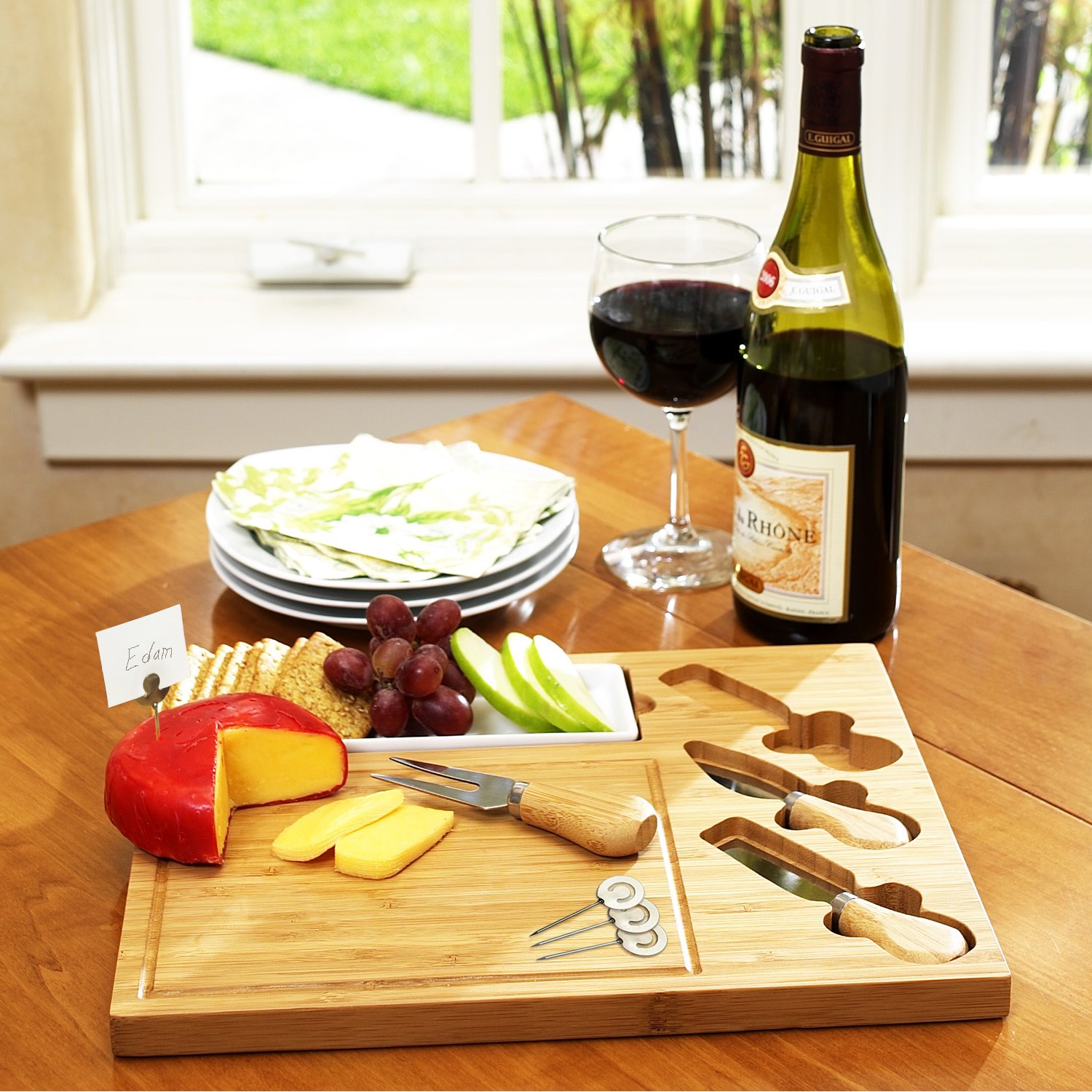 Picnic at Ascot Personalized Monogrammed Engraved Bamboo Cutting Board for Cheese & Charcuterie Platter- includes Knives, Ceramic Dish, & Cheese Markers - Designed and Quality Checked in USA