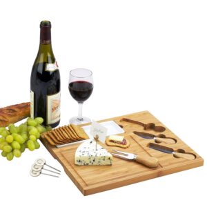Picnic at Ascot Personalized Monogrammed Engraved Bamboo Cutting Board for Cheese & Charcuterie Platter- includes Knives, Ceramic Dish, & Cheese Markers - Designed and Quality Checked in USA