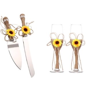 tang song cake knife and server with champagne glasses sets resin plastic handle with with sunflower burlap lace design