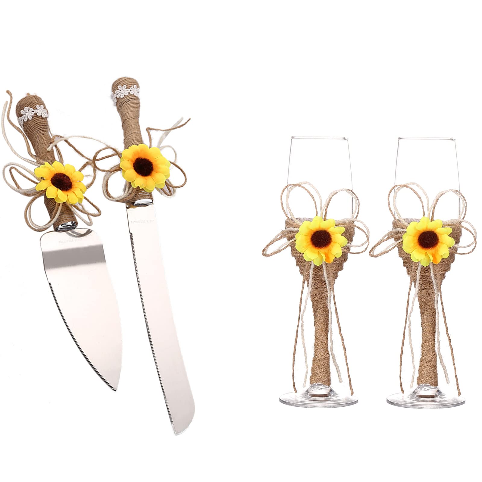 TANG SONG Cake Knife and Server with Champagne Glasses Sets Resin Plastic Handle with with Sunflower Burlap Lace Design