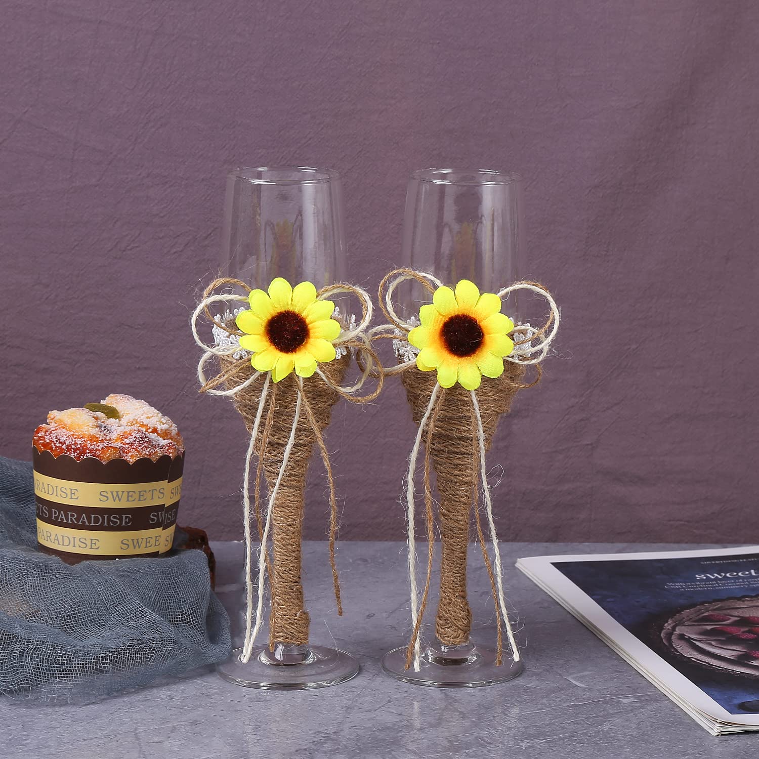 TANG SONG Cake Knife and Server with Champagne Glasses Sets Resin Plastic Handle with with Sunflower Burlap Lace Design