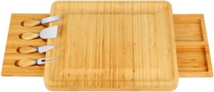 bamboo cheese board with cheese tools, cheese plate charcuterie board platter set serving tray for wine cracker brie and meat, large thick wooden server, fancy house warming gift for gourmets