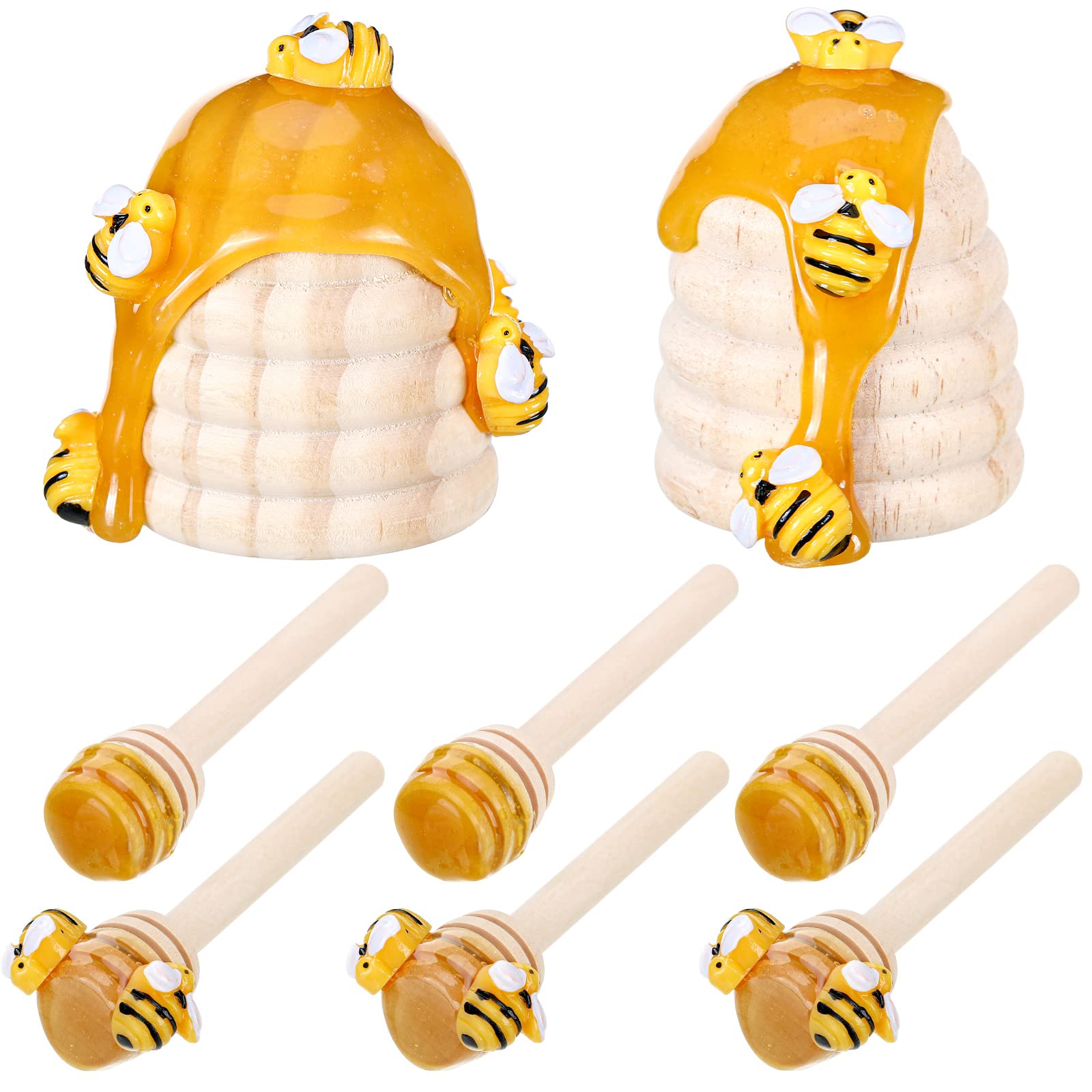 Shellwei 8 Pcs Honey Bee Decor Bee Hive Wooden Honey Stirrer with Fake Mini Bees Bee Tiered Tray Decorations Honeycomb Decor for Table Farmhouse Kitchen Spring Summer Theme Party Decoration