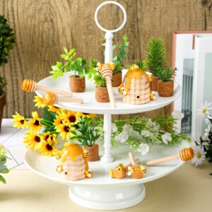 Shellwei 8 Pcs Honey Bee Decor Bee Hive Wooden Honey Stirrer with Fake Mini Bees Bee Tiered Tray Decorations Honeycomb Decor for Table Farmhouse Kitchen Spring Summer Theme Party Decoration