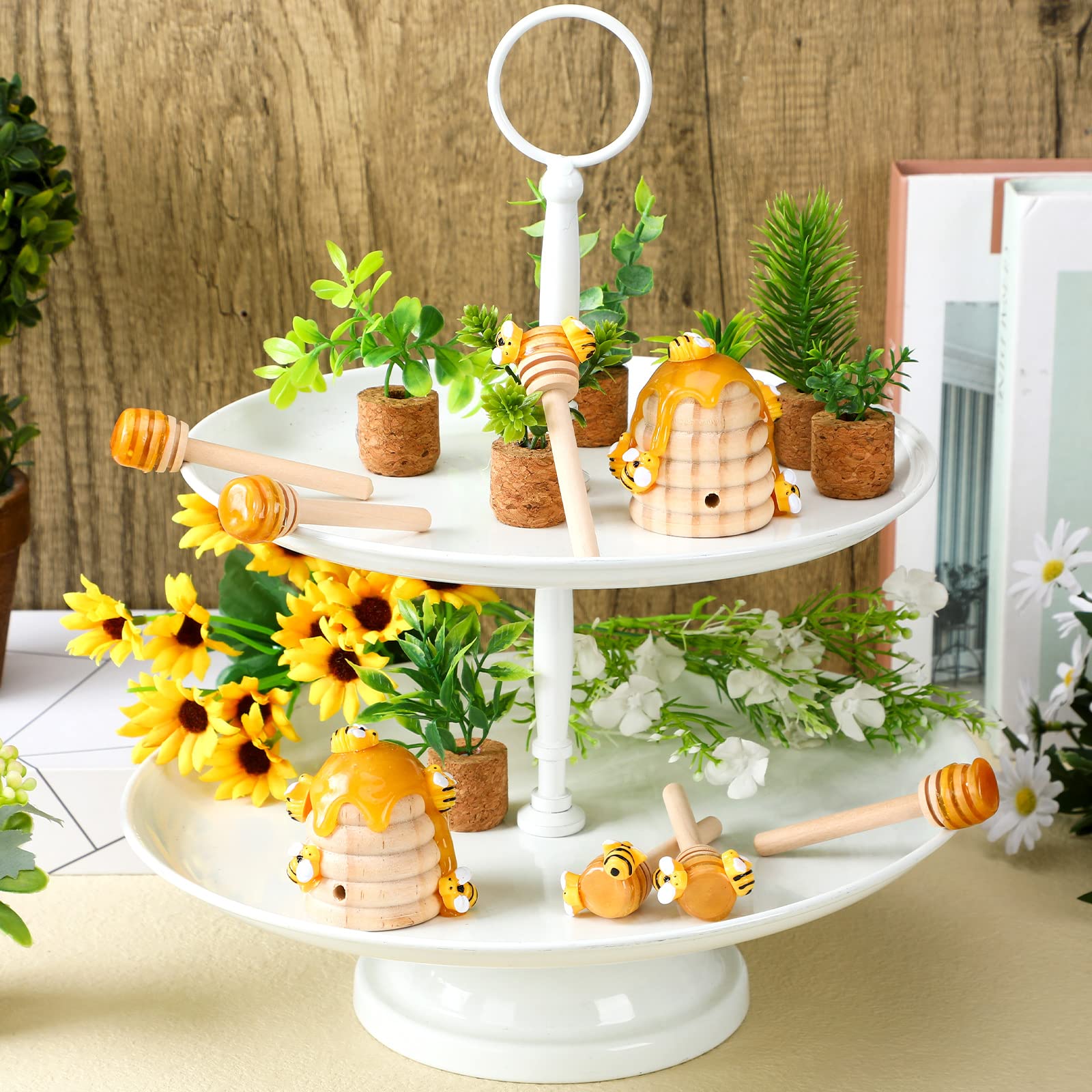 Shellwei 8 Pcs Honey Bee Decor Bee Hive Wooden Honey Stirrer with Fake Mini Bees Bee Tiered Tray Decorations Honeycomb Decor for Table Farmhouse Kitchen Spring Summer Theme Party Decoration