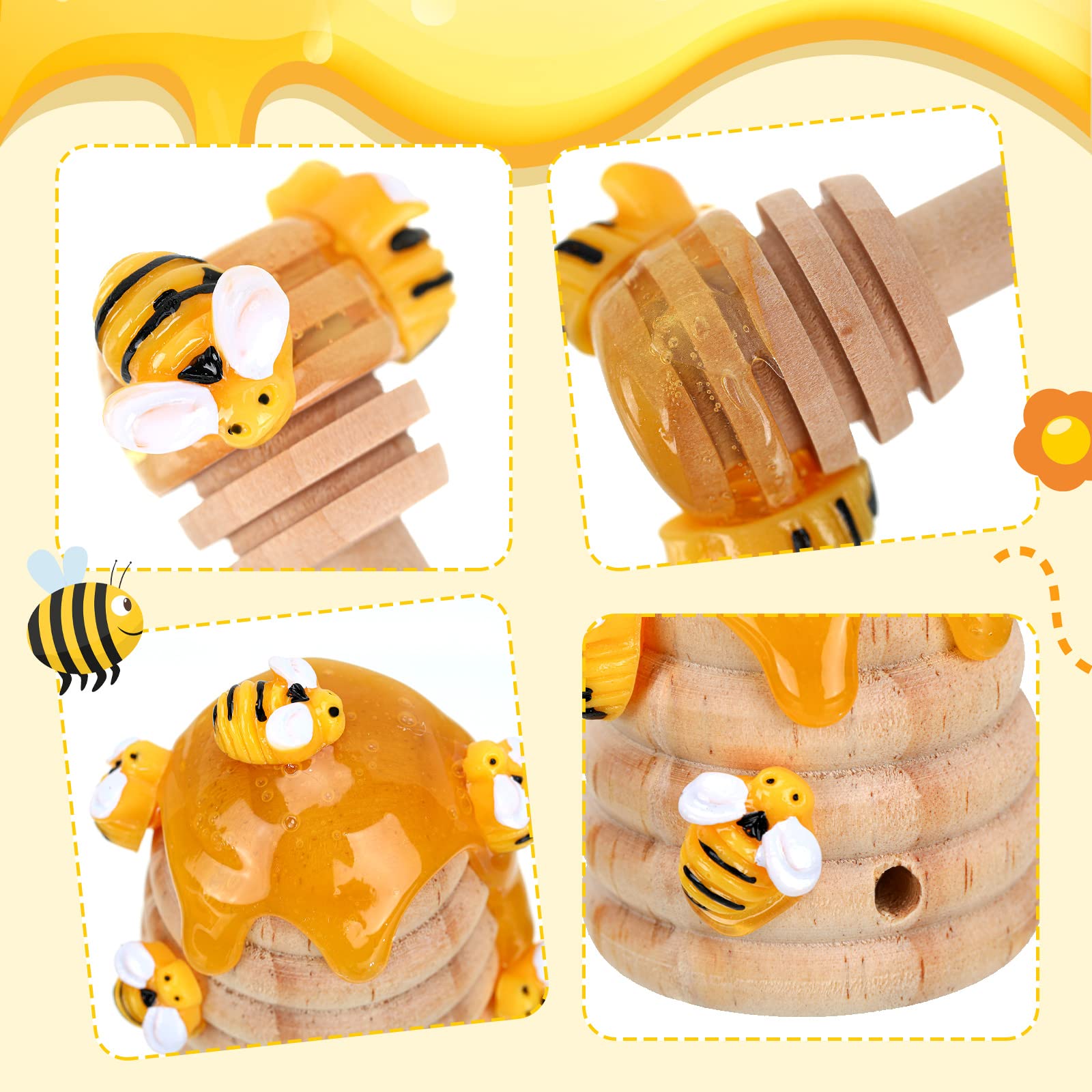 Shellwei 8 Pcs Honey Bee Decor Bee Hive Wooden Honey Stirrer with Fake Mini Bees Bee Tiered Tray Decorations Honeycomb Decor for Table Farmhouse Kitchen Spring Summer Theme Party Decoration