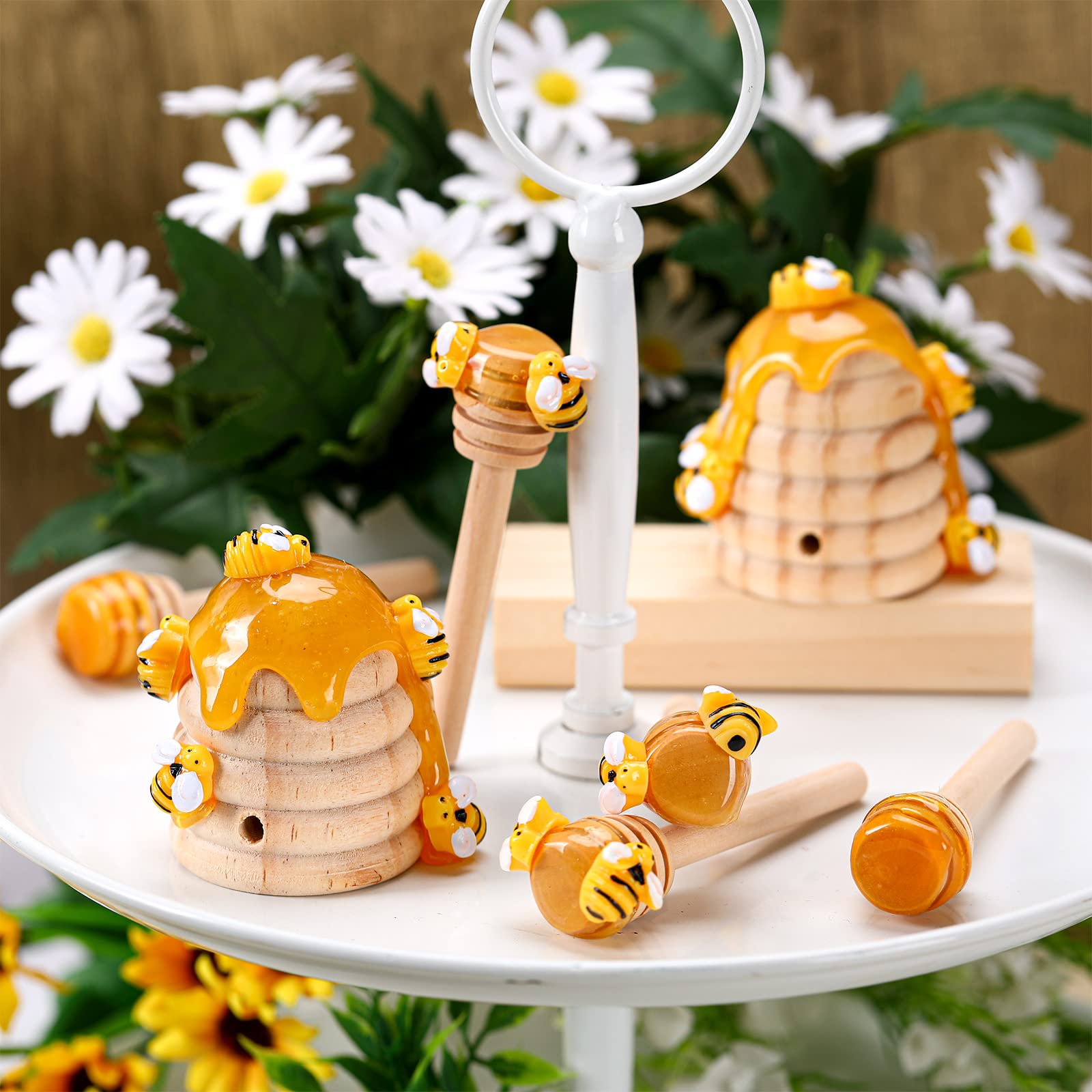 Shellwei 8 Pcs Honey Bee Decor Bee Hive Wooden Honey Stirrer with Fake Mini Bees Bee Tiered Tray Decorations Honeycomb Decor for Table Farmhouse Kitchen Spring Summer Theme Party Decoration