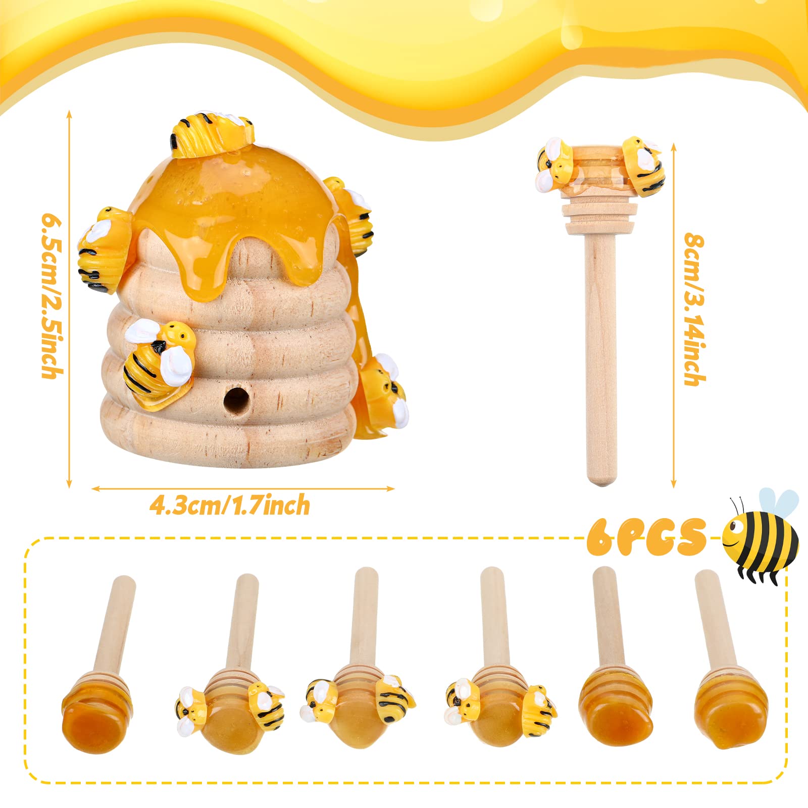 Shellwei 8 Pcs Honey Bee Decor Bee Hive Wooden Honey Stirrer with Fake Mini Bees Bee Tiered Tray Decorations Honeycomb Decor for Table Farmhouse Kitchen Spring Summer Theme Party Decoration