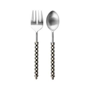 mackenzie-childs courtly check supper club salad serving set, stainless-steel fork and spoon for serving salad
