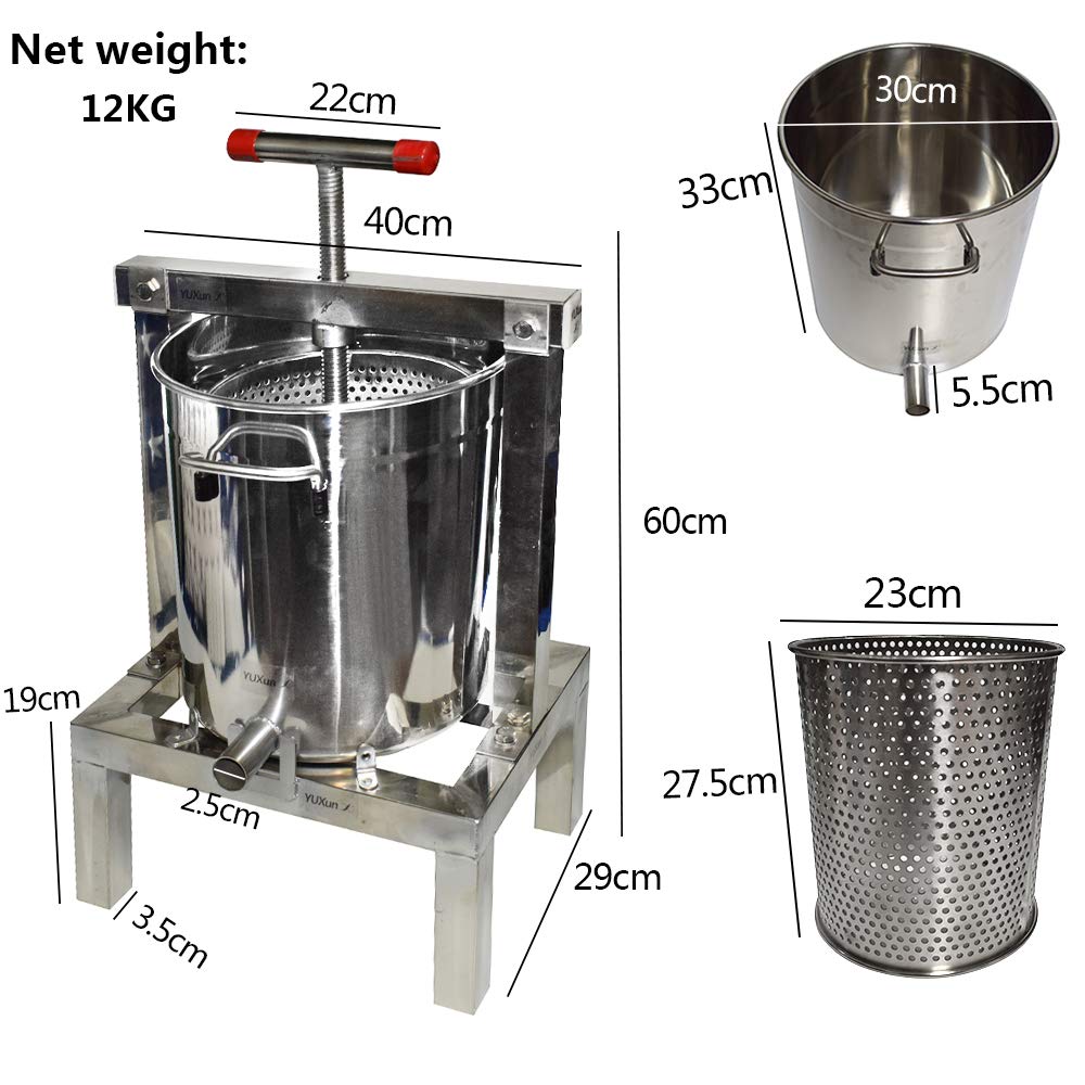 DIY Large Fruit Honey Presser Beeswax Extractor Beekeeping Machine and Cider, Wine, Grape, Apple Press extractor for Wine and Juice Making with 20L Keg and 10L Stainless Steel Strainer