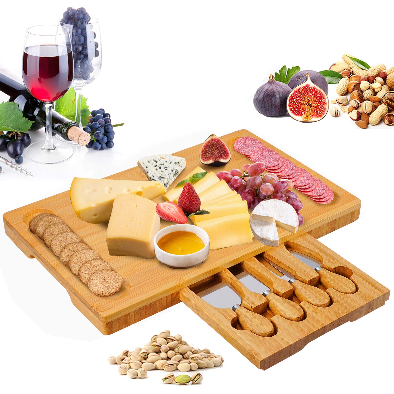 Olebes Bamboo Cheese Board and Knife Set with Slid-Out Drawer - Wood Charcuterie Platter Serving Tray for for Wine, Meat & Crackers, Perfect for Wedding Anniversary Housewarming & Entertaining