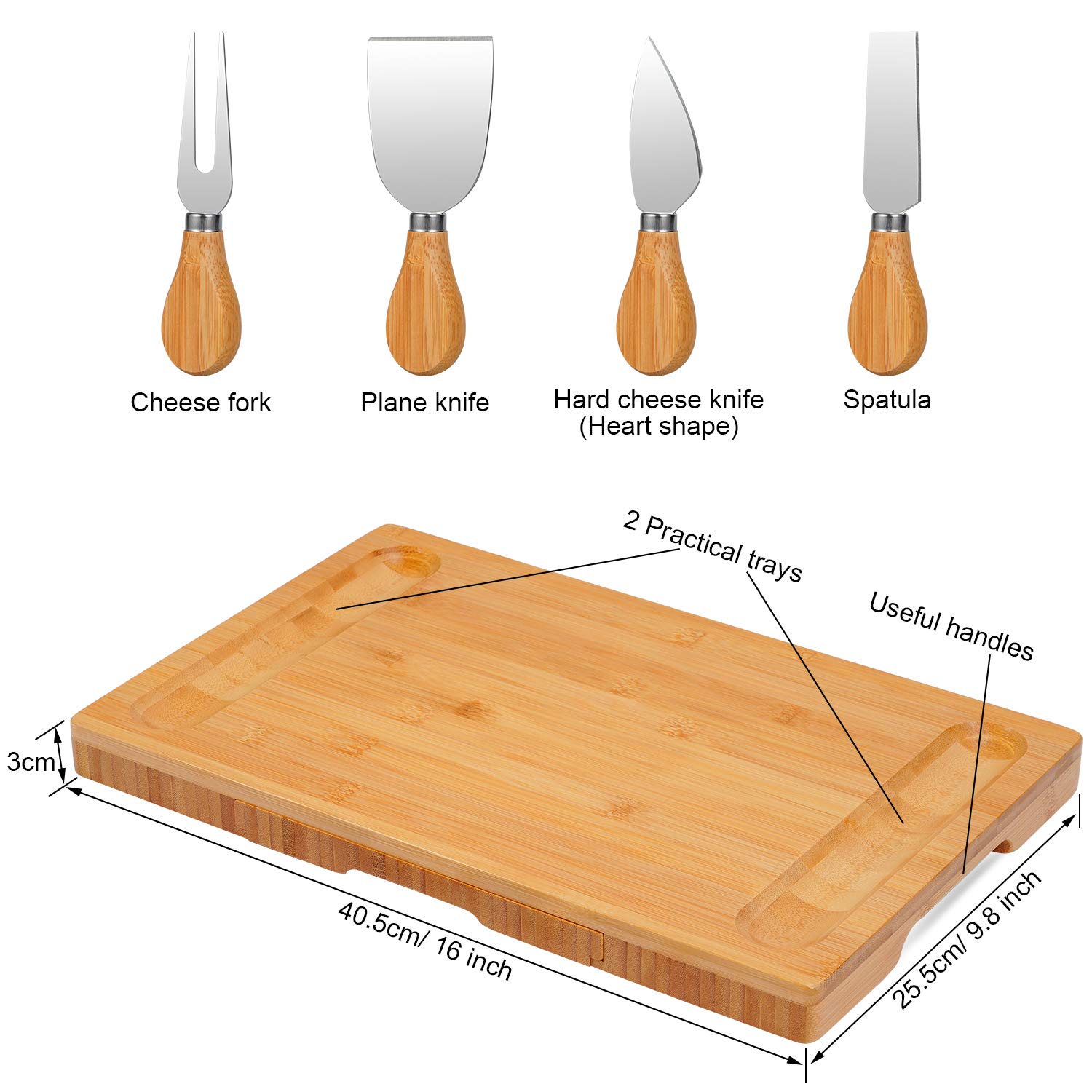 Olebes Bamboo Cheese Board and Knife Set with Slid-Out Drawer - Wood Charcuterie Platter Serving Tray for for Wine, Meat & Crackers, Perfect for Wedding Anniversary Housewarming & Entertaining