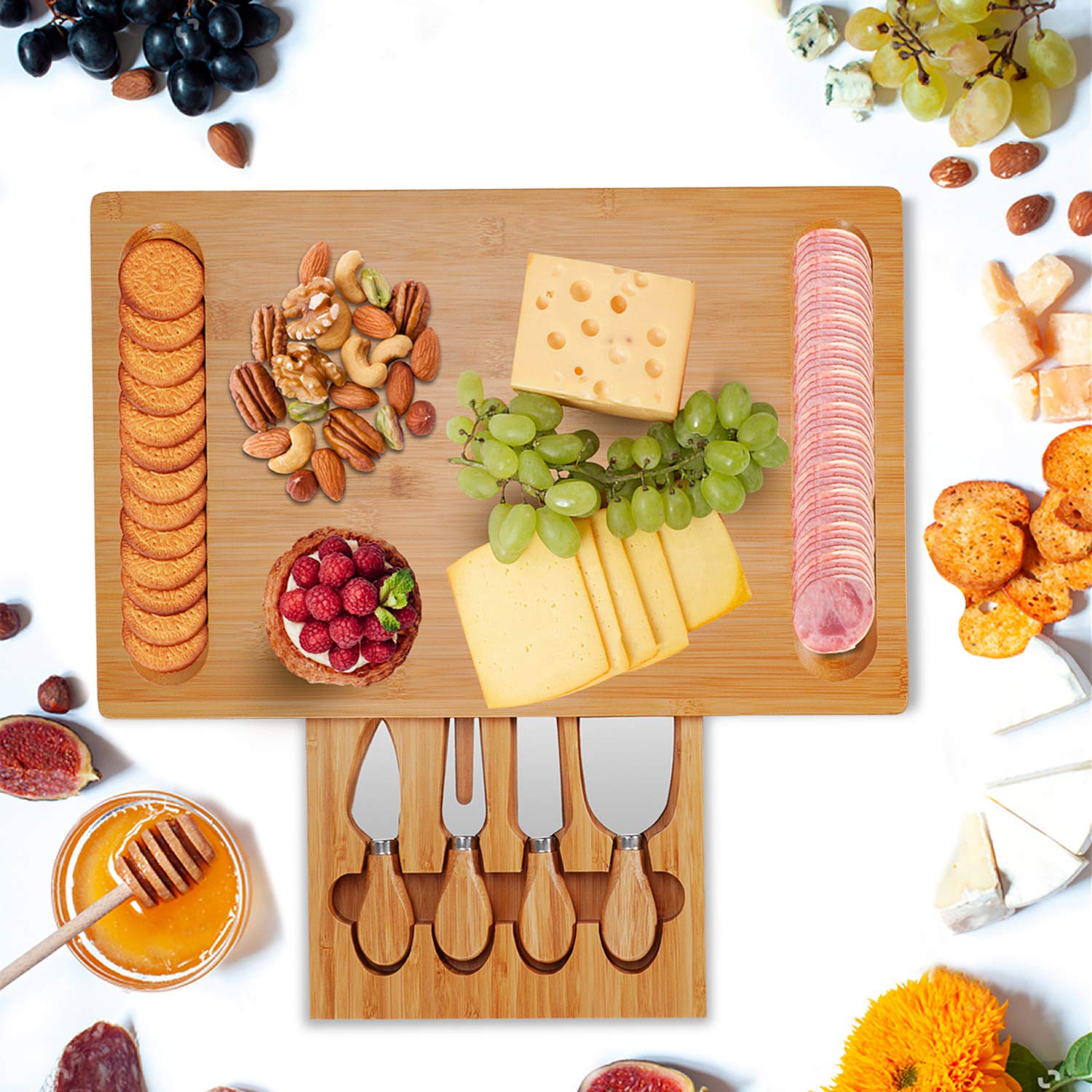 Olebes Bamboo Cheese Board and Knife Set with Slid-Out Drawer - Wood Charcuterie Platter Serving Tray for for Wine, Meat & Crackers, Perfect for Wedding Anniversary Housewarming & Entertaining