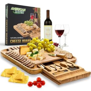 organic bamboo cheese charcuterie cutting board with cutlery & knife set, includes 4 stainless steel serving utensils, wooden serving tray for meat platter, fruit & crackers