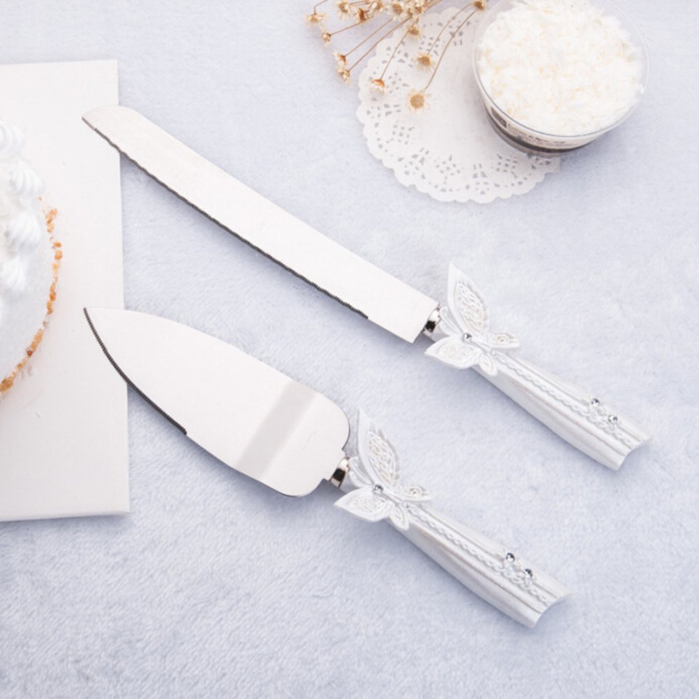 Cake Knife Server Set with Fashion craft Baroque, White Butterfly design, Elegant Stainless Steel Silverware for Personalized Weddings, Valentine's Day Birthdays, Christmas, New Year Party