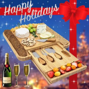 Premium Cheese Board and Knife Set - Bamboo Wood Charcuterie Board Set & Cheese Board Accessories Set - Kitchen Wine & Meat Cheese Serving Platter - Unique Christmas Gifts, Housewarming, Wedding Gift