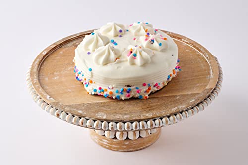 Mud Pie, White, Beaded Wood Cake Set, stand 4.75" x 12" dia | server 9.5"