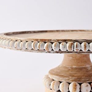 Mud Pie, White, Beaded Wood Cake Set, stand 4.75" x 12" dia | server 9.5"