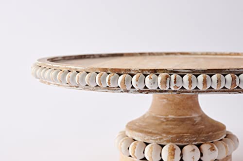 Mud Pie, White, Beaded Wood Cake Set, stand 4.75" x 12" dia | server 9.5"