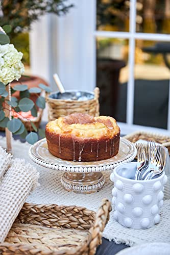 Mud Pie, White, Beaded Wood Cake Set, stand 4.75" x 12" dia | server 9.5"