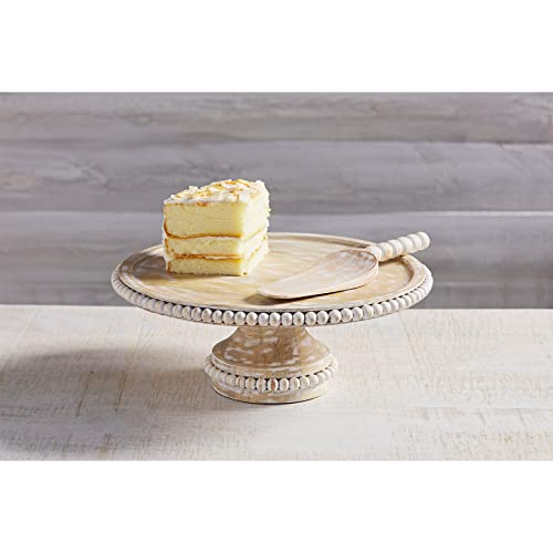 Mud Pie, White, Beaded Wood Cake Set, stand 4.75" x 12" dia | server 9.5"