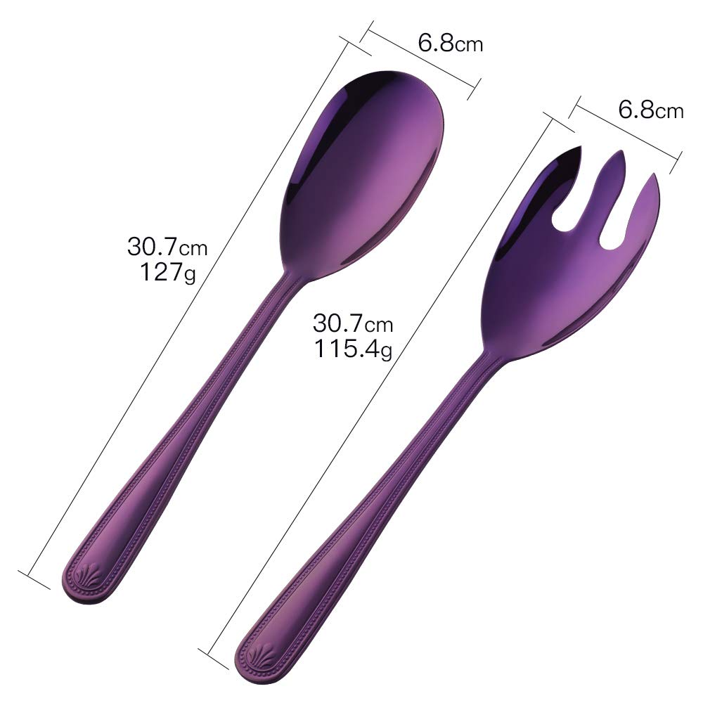 Color ME 2-Piece 12 inch Purple Salad Spoon Fork Heavy Duty 18 10 Stainless Steel Serving Set