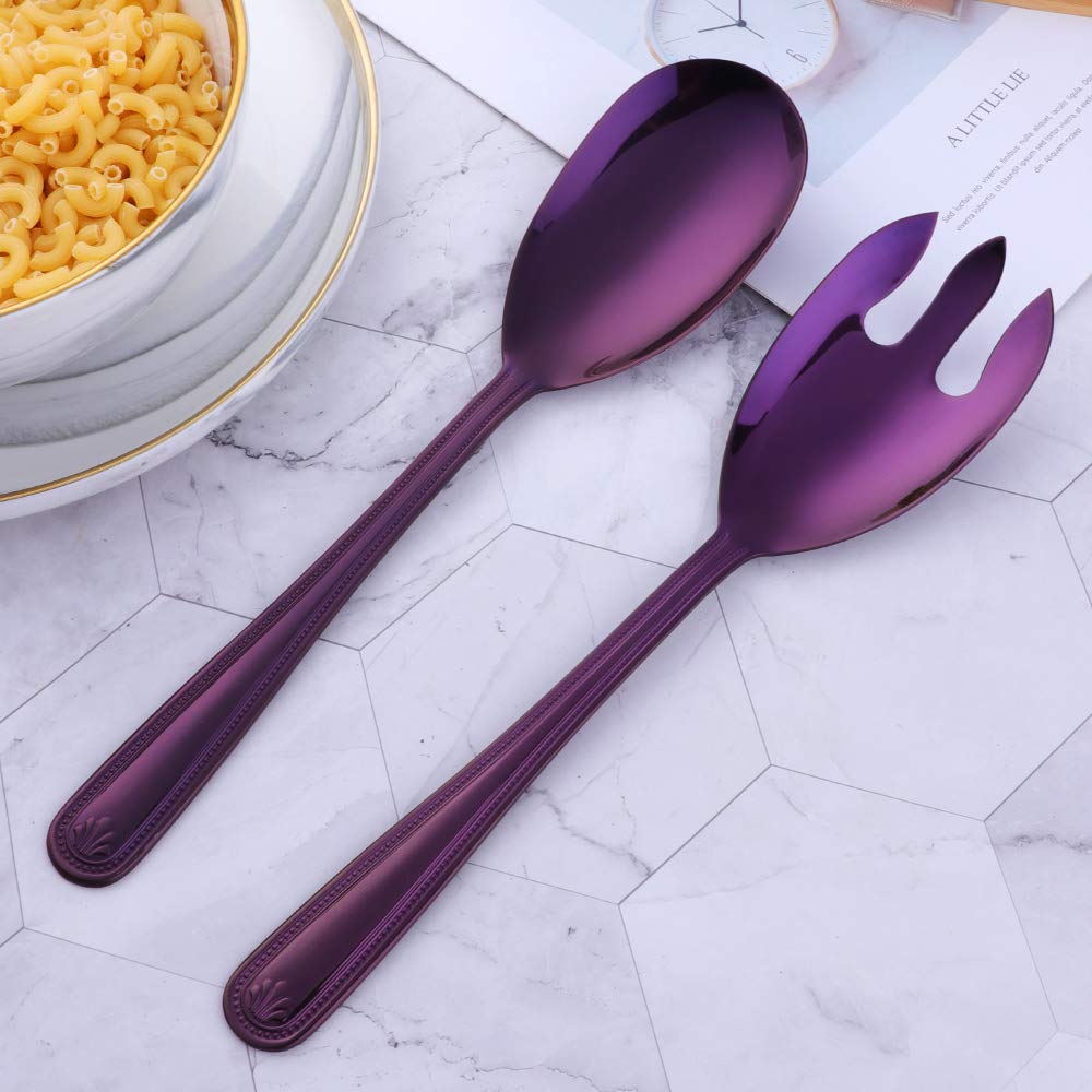 Color ME 2-Piece 12 inch Purple Salad Spoon Fork Heavy Duty 18 10 Stainless Steel Serving Set