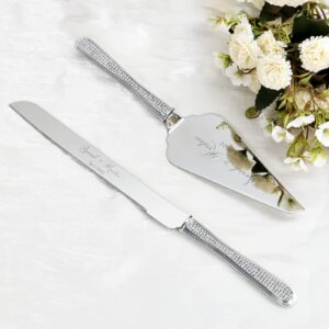 wedding cake knife & server set, personalized diamond cake cutting set, gold bridal serving set, engraved pastry pie server pizza cutter, quinceañera birthday anniversary classic gift (silver 2)