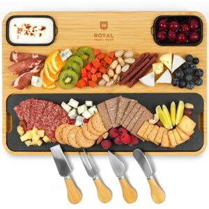 royal craft wood extra large bamboo cheese board and knife set - with slate plate and sauce bowls