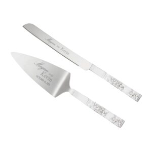 lenox bridal silver peony personalized wedding cake cutting set, custom engraved wedding cake knife and server set, accessories and gifts for bride and groom