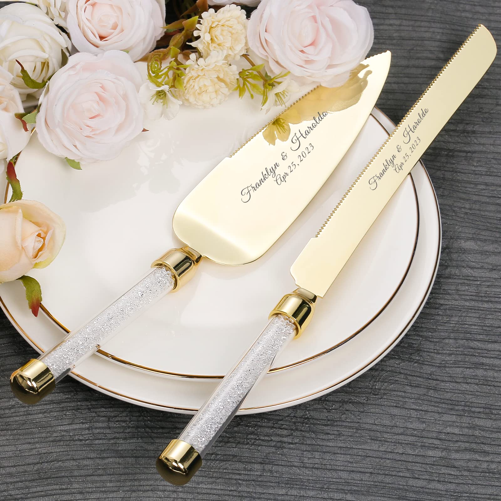 TUKDAK Personalized Wedding Cake Knife and Server Set, Engraved Crystal Cake Cutting Set, Gold Cake Cutter Set, Pie Server Pizza Knife Gift for Bridal Couples Shower (White crystal gold)