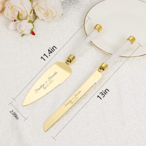 TUKDAK Personalized Wedding Cake Knife and Server Set, Engraved Crystal Cake Cutting Set, Gold Cake Cutter Set, Pie Server Pizza Knife Gift for Bridal Couples Shower (White crystal gold)