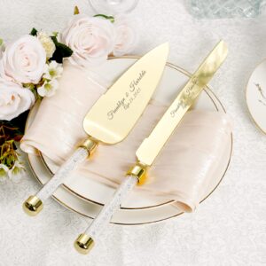 TUKDAK Personalized Wedding Cake Knife and Server Set, Engraved Crystal Cake Cutting Set, Gold Cake Cutter Set, Pie Server Pizza Knife Gift for Bridal Couples Shower (White crystal gold)