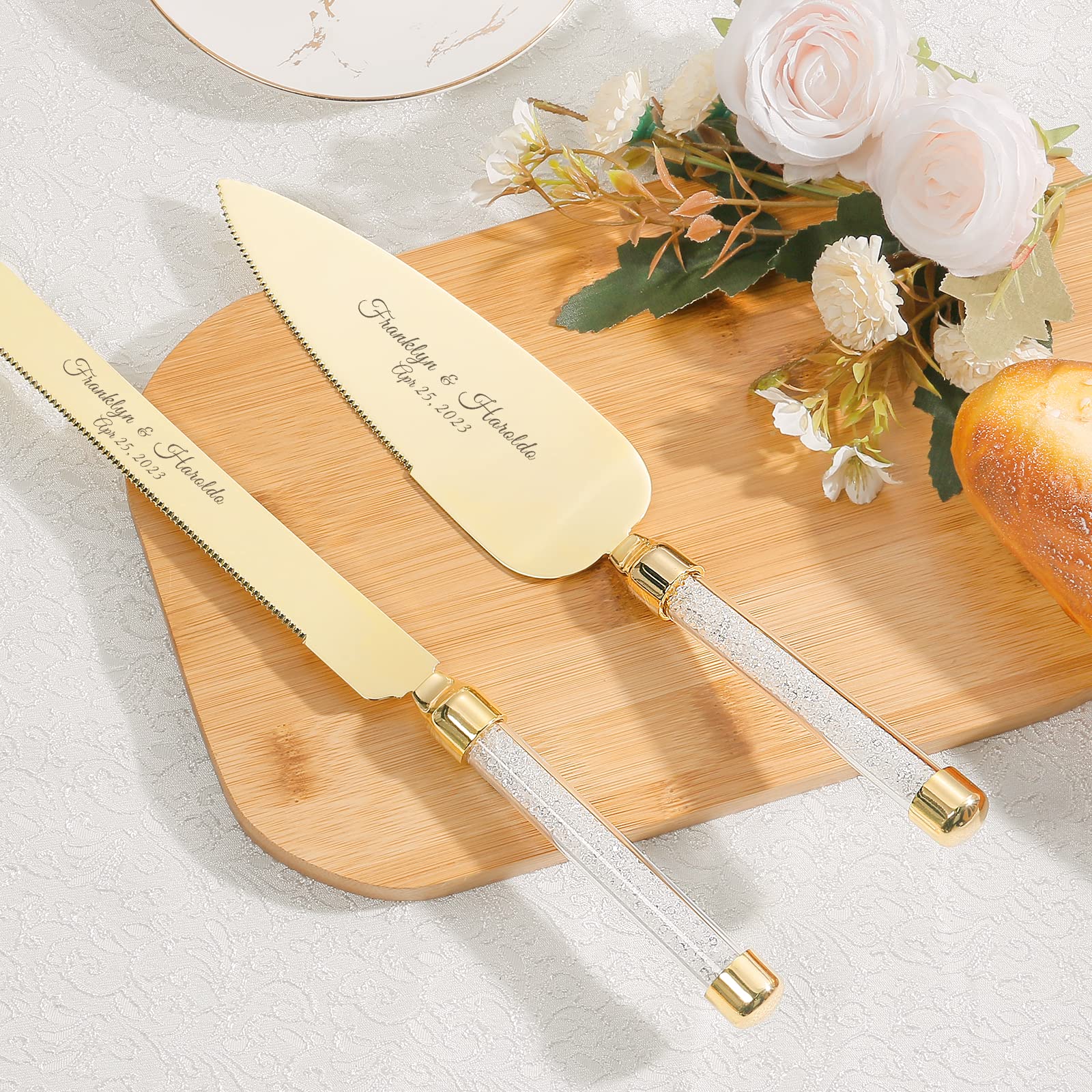 TUKDAK Personalized Wedding Cake Knife and Server Set, Engraved Crystal Cake Cutting Set, Gold Cake Cutter Set, Pie Server Pizza Knife Gift for Bridal Couples Shower (White crystal gold)