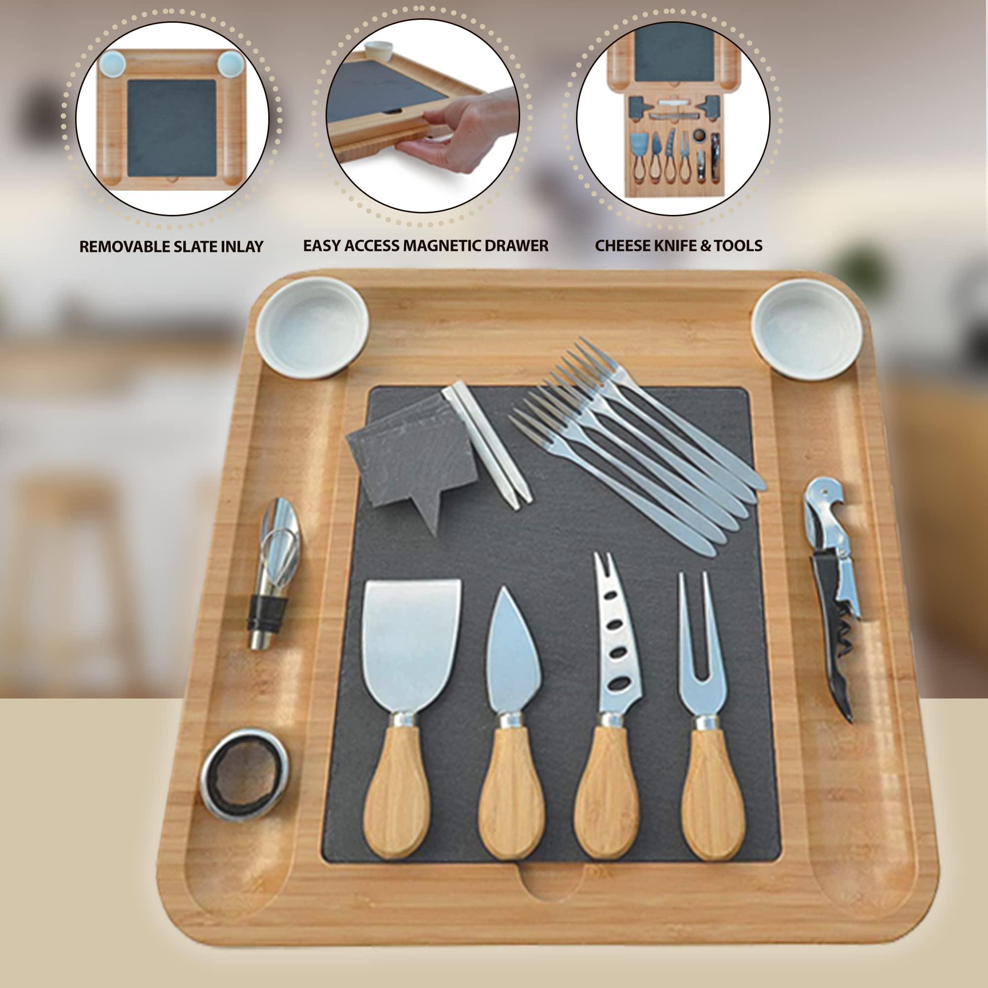 Cotswold Homeware Co Cheese Board Set - Wooden Serving Platter, Cheese Cutting Board & Cheese Knife Set, Charcuterie Accessories, Unique for Housewarming, Party Hosting Essentials