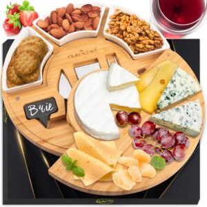 nutrichef bamboo natural cheese board set with bonus condiment cup-extra large size 100% home organic wooden plate and charcuterie tray with 4 pcs cutting knife slicer, 13" round