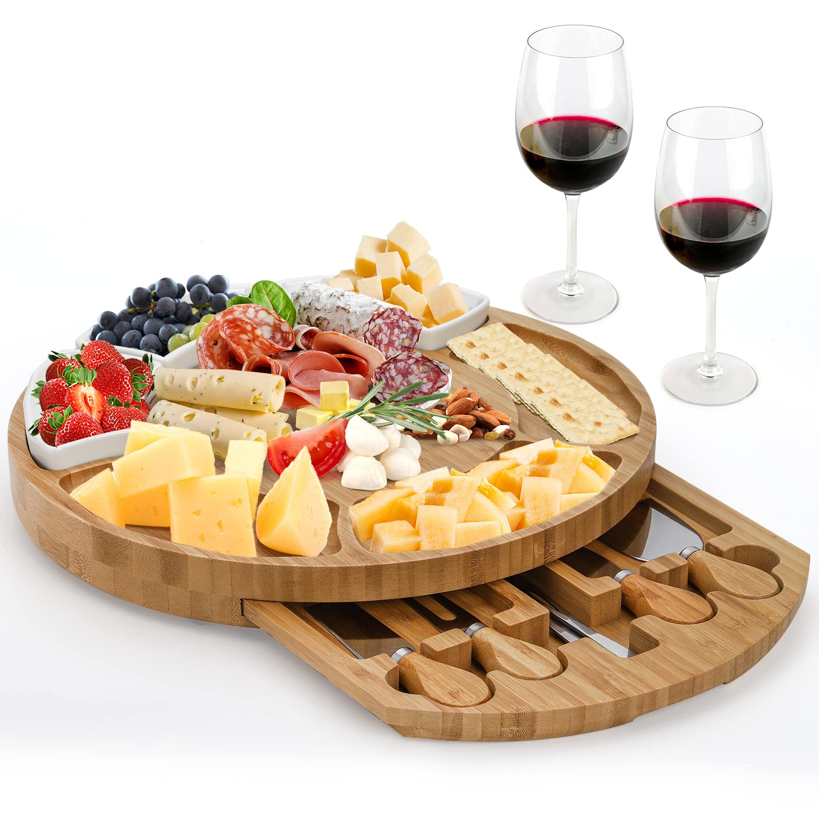 ZENFUN 13 Inch Bamboo Cheese Board and Knife Set, Round Charcuterie Boards with Bowls, Cheese Cutting Platter Serving Tray for Housewarming, Party, Picnic, 13” x 1.5”